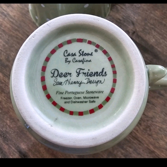 Casafina Deer Friends Mug Pair Red Nosed Reindeer Polka Dot Print On Green Sage - Picture 3 of 9